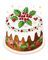 Festive Christmas Fruitcake Decorated with Holly and Berries