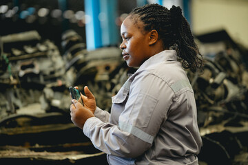 White man technician checking used car damaged engine block at scrap yard warehouse recycle area...