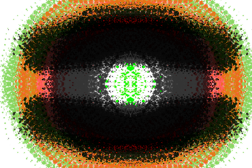 Abstract kaleidoscopic fractal patterns emerge in vibrant neon green and fiery orange against a deep black background creating a visually striking and dynamic composition