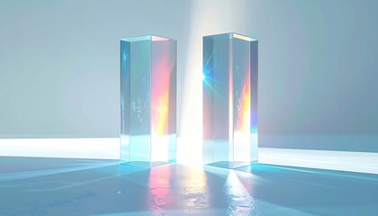 Two rectangular prisms in an open angle formation with cyan rim and subtle spectrum fringes on edges clean white sweep and spacious layout with copy space