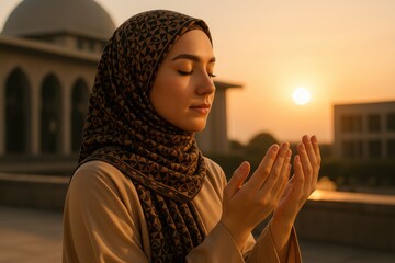 Muslim woman praying outdoors during sunset near mosque