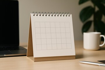 Blank desk calendar on wooden table with laptop, white mug, and pen in soft light, indoor workspace background concept for planning and organization. Ai generative