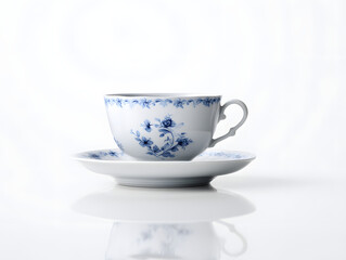 Elegant Porcelain Teacup and Saucer with Blue Floral Design on a Minimal Background