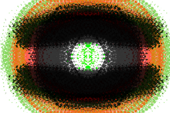 Abstract kaleidoscopic fractal patterns emerge in vibrant neon green and fiery orange against a deep black background creating a visually striking and dynamic composition