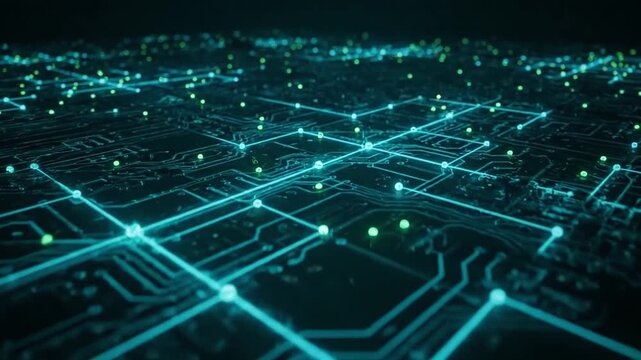 A circuit board graphic with glowing lines, dots, and pathways with a dark aesthetic