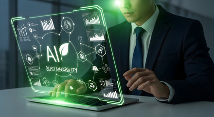 Businessman analyzes AI sustainability data on futuristic holographic screen