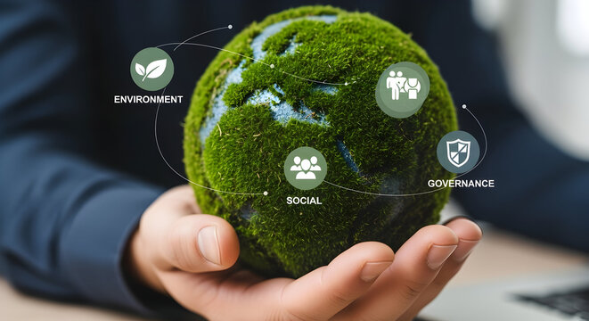 Sustainable business growth concept with earth icons and human hand - Powered by Adobe