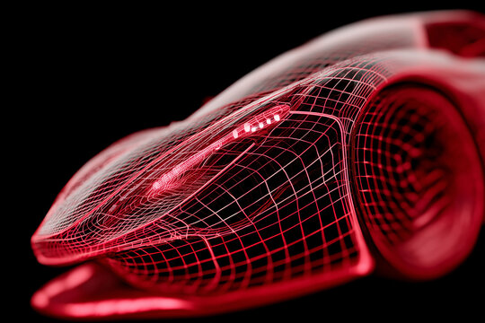 close-up of a digital wireframe of a futuristic car, technology, red hues