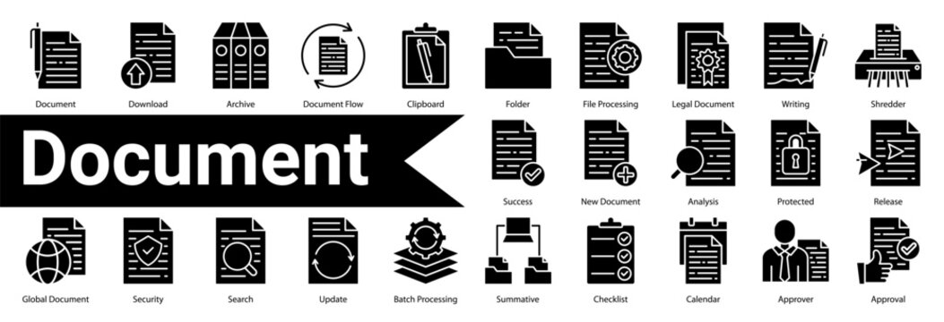 Minimalist Document Glyph icons set with editable stroke, featuring:  Document,Download,Archive,Document Flow,Clipboard,Folder,File Processing,Legal Document,Writing,Shredder,Success,New Document