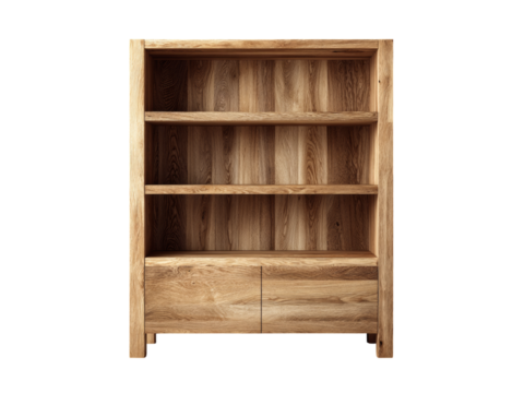 Solid wood bookcase with three shelves and drawer, Isolated On White Background, Png Transparent