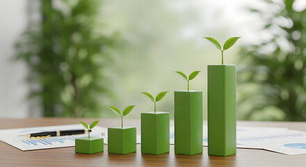 Green business growth symbolized by plants on rising bars