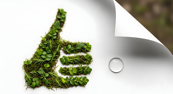 Green thumbs up symbol made of moss and leaves, fresh nature concept