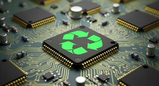 Green recycling symbol on circuit board chip symbolizing eco tech