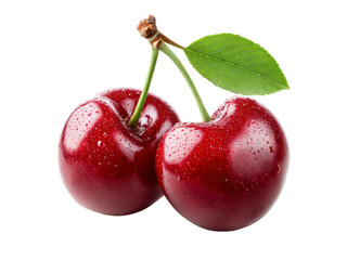 Two ripe red cherries with a green leaf on a black background, Isolated On White Background, Png Transparent
