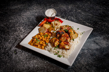 Shish Tawook with Rice, Roasted Vegetables, and Chickpeas 