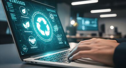 Modern laptop displays ESG sustainability dashboard with hands typing