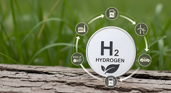 Sustainable hydrogen energy cycle concept with clean icons and green background