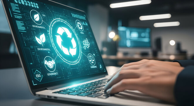 Modern laptop displays ESG sustainability dashboard with hands typing - Powered by Adobe