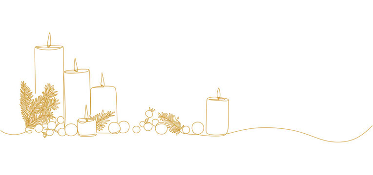 Minimalist one line drawing of burning candles surrounded by pine branches and Christmas ornaments. The continuous golden line art illustration evokes warmth and festive spirit, symbolizing peace