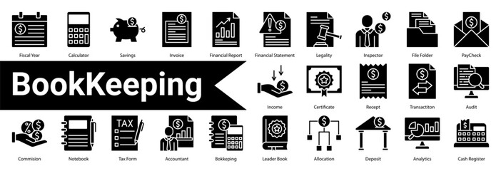 Minimalist Bookkeeping Glyph icons set with editable stroke, featuring:  Fiscal Year,Calculator,Savings,Invoice,Financial Report,Financial Statement,Legality,Inspector,File Folder,PayCheck,Income