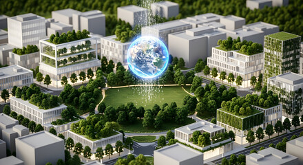 Futuristic eco city with glowing Earth hologram inspires sustainability