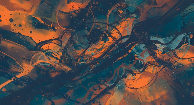 Abstract artwork showcasing fluid orange and blue colors with a dynamic, splatter-like effect