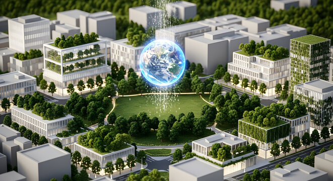Futuristic eco city with glowing Earth hologram inspires sustainability - Powered by Adobe