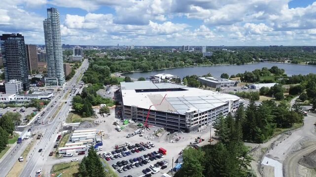 Construction aerial view of dows lake new hospital in ottawa