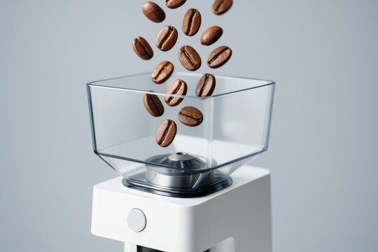 Falling coffee beans into modern electric grinder with transparent hopper on soft light background, showcasing creative concept of fresh drinks preparation. Ai generative