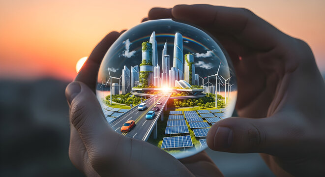 Sustainable future city vision held in hands at sunset, renewable energy focus
