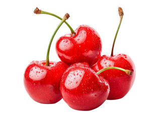 Four ripe red cherries with water droplets isolated on black background, Isolated On White Background, Png Transparent