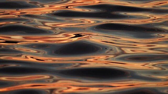 Golden sunlight dances on the calm water's surface, creating beautiful reflections at dusk. Slow motion reflection of sunset on water waves