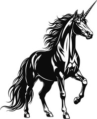 Majestic Black and White Unicorn Vector Illustration Mythical Fantasy Creature Silhouette