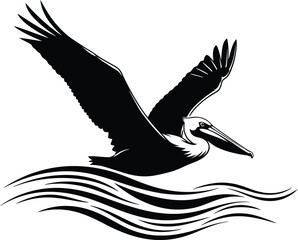 Fototapeta premium Flying Pelican Over Ocean Waves Vector Silhouette Illustration Black and White Design