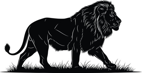 Majestic Lion Silhouette Walking on Grass Vector Graphic Black and White Illustration