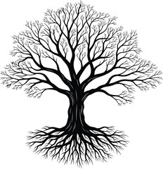 Leafless Tree Silhouette with Intricate Roots Black and White Vector Graphic Illustration