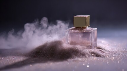A stylish perfume bottle surrounded by shimmering dust and mist, creating an elegant and luxurious atmosphere.