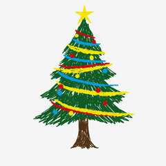 Childlike Drawing of a Decorated Christmas Tree with a Star