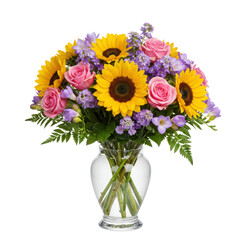 Obraz premium Beautiful arrangement of sunflowers, roses and freesias in glass vase isolated PNG with Transparent Background
