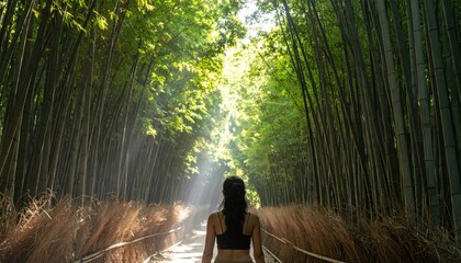 Individual walks through a bamboo forest wearing a discreet wearable that tracks steps during a silent walking meditation calm green scene with ample copy space