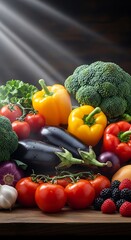 Fresh assortment of colorful vegetables and berries on a wooden table with dramatic lighting