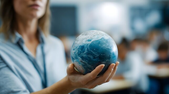 A teacher holds a detailed globe of Earth in their hand in a blurred classroom setting