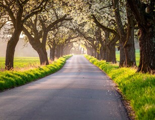 Obraz premium Road alley with blooming trees in spring