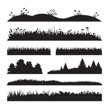 Black Silhouette Border Elements of Grass Bushes and Trees nature landscape