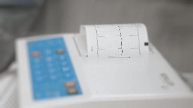 An ECG machine prints out the patient's heart rate measurement. An ECG graph in a modern clinic.