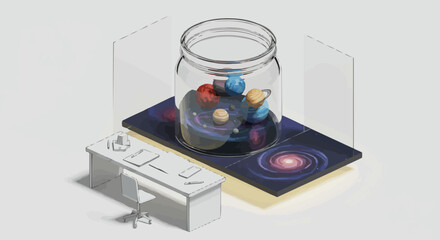 Fototapeta premium Conceptual 3D illustration of a vibrant miniature universe, with planets and stars, contained within a glass jar on a minimalist desk. Symbolizing cosmic imagination and powerful ideas