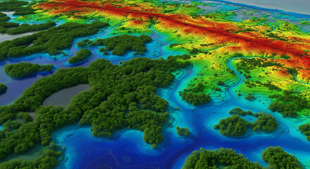 Aerial View of Lush Mangrove Forest, Islands and Blue Waters