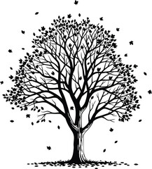 Obraz premium Black Silhouette Autumn Tree with Falling Leaves Vector Illustration