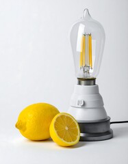 A unique, modern lamp with an exposed filament bulb and a lemon set against a white backdrop