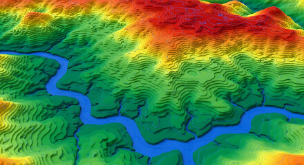 Colorful 3D Topographic Map A Visual Representation of Earth's Terrain and River Systems
